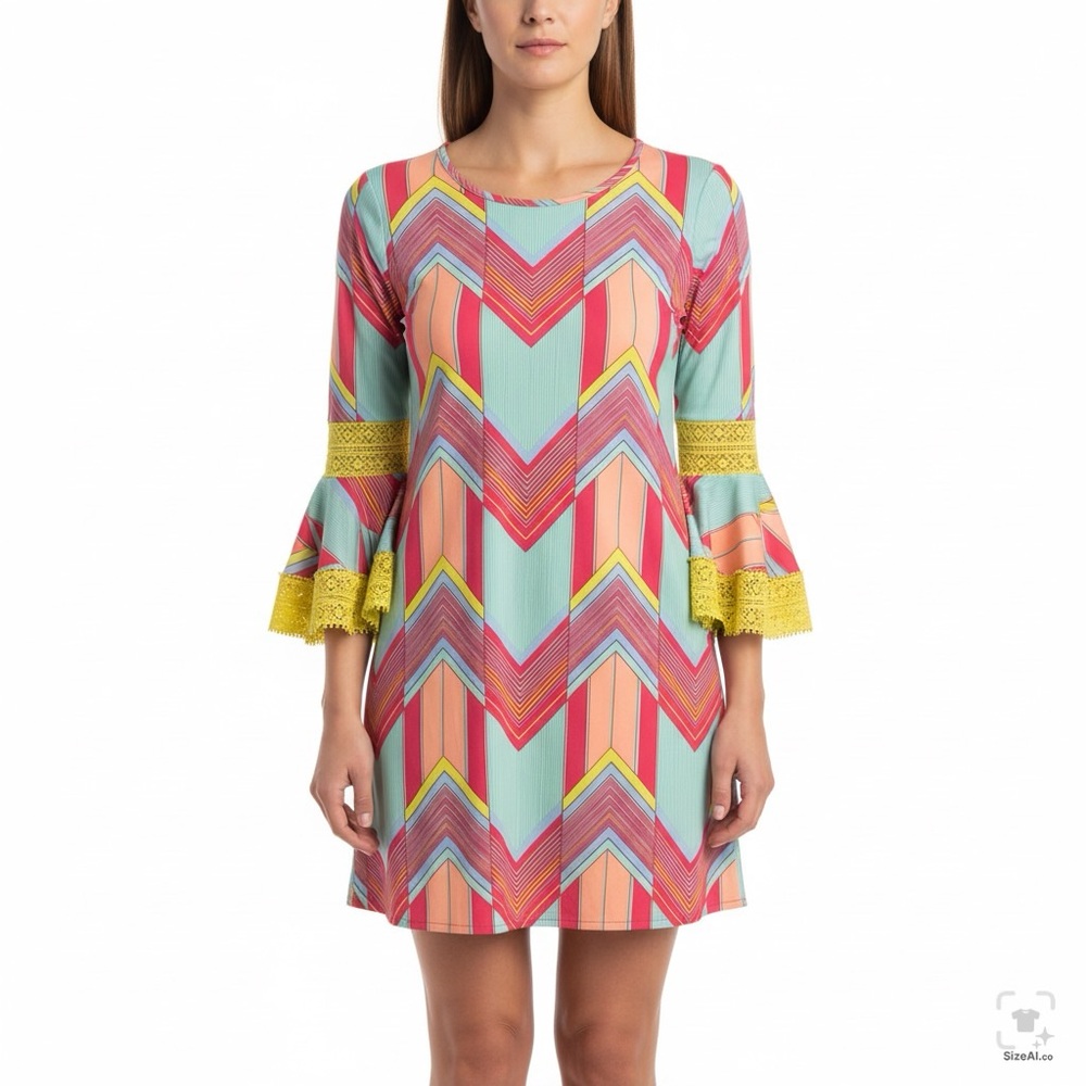 Judith March Women Medium Mint Green Pink Chevron Flounce Sleeve Shift Dress
